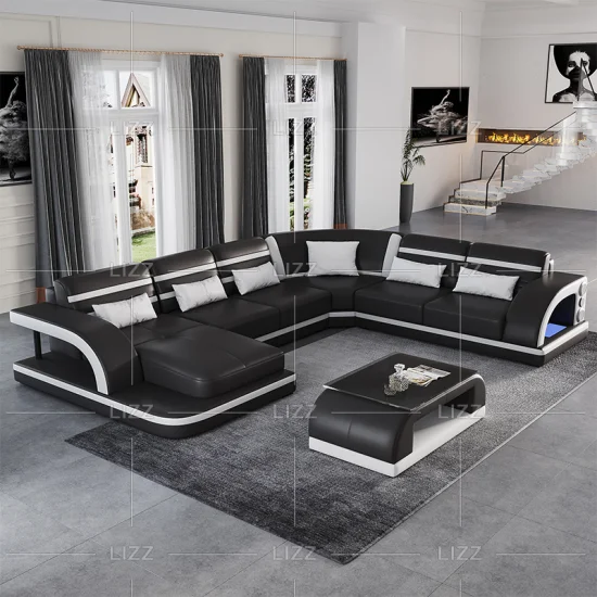 Muebles de oficina de gran oferta funcionales de ocio, juego de sofás en forma de U para sala de estar casera hechos en cuero genuino